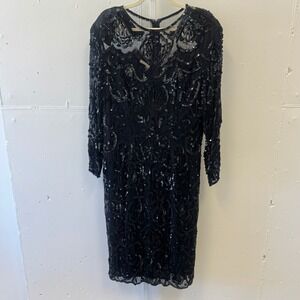 Vintage Swee Lo Pure Silk Beaded Sequin Cocktail Midi Dress Long Sleeve Size QS